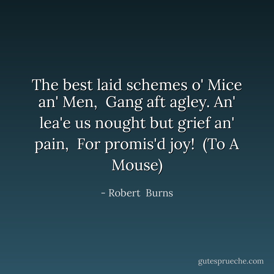 The best laid schemes o' Mice an' Men, <br />Gang aft agley.<br />An' lea'e us nought but grief an' pain, <br />For promis'd joy!<br /><br /><i>(To A Mouse)</i> - Robert  Burns