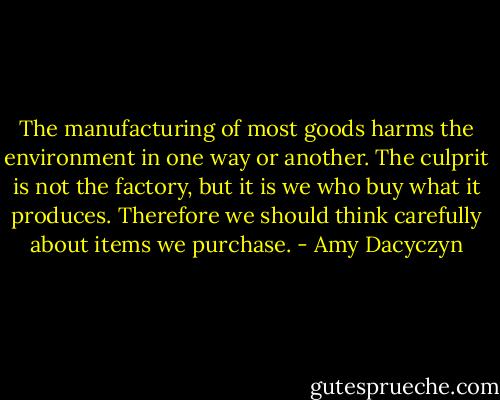 The manufacturing of most goods harms the environment in one way or another. The culprit is not the factory, but it is we who buy what it produces. Therefore we should think carefully about items we purchase. - Amy Dacyczyn