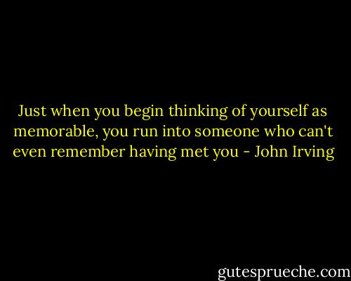 Just when you begin thinking of yourself as memorable, you run into someone who can't even remember having met you - John Irving