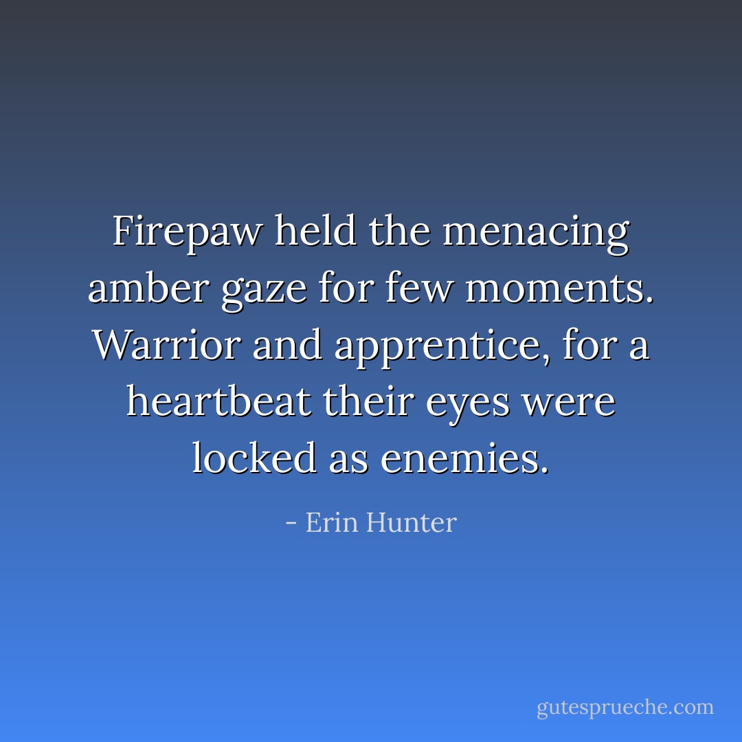 Firepaw held the menacing amber gaze for few moments. Warrior and apprentice, for a heartbeat their eyes were locked as enemies. - Erin Hunter