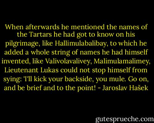 When afterwards he mentioned the names of the Tartars he had got to know on his pilgrimage, like Hallimulabalibay, to which he added a whole string of names he had himself invented, like Valivolavalivey, Malimulamalimey, Lieutenant Lukas could not stop himself from sying: 'I'll kick your backside, you mule. Go on, and be brief and to the point! - Jaroslav Hašek