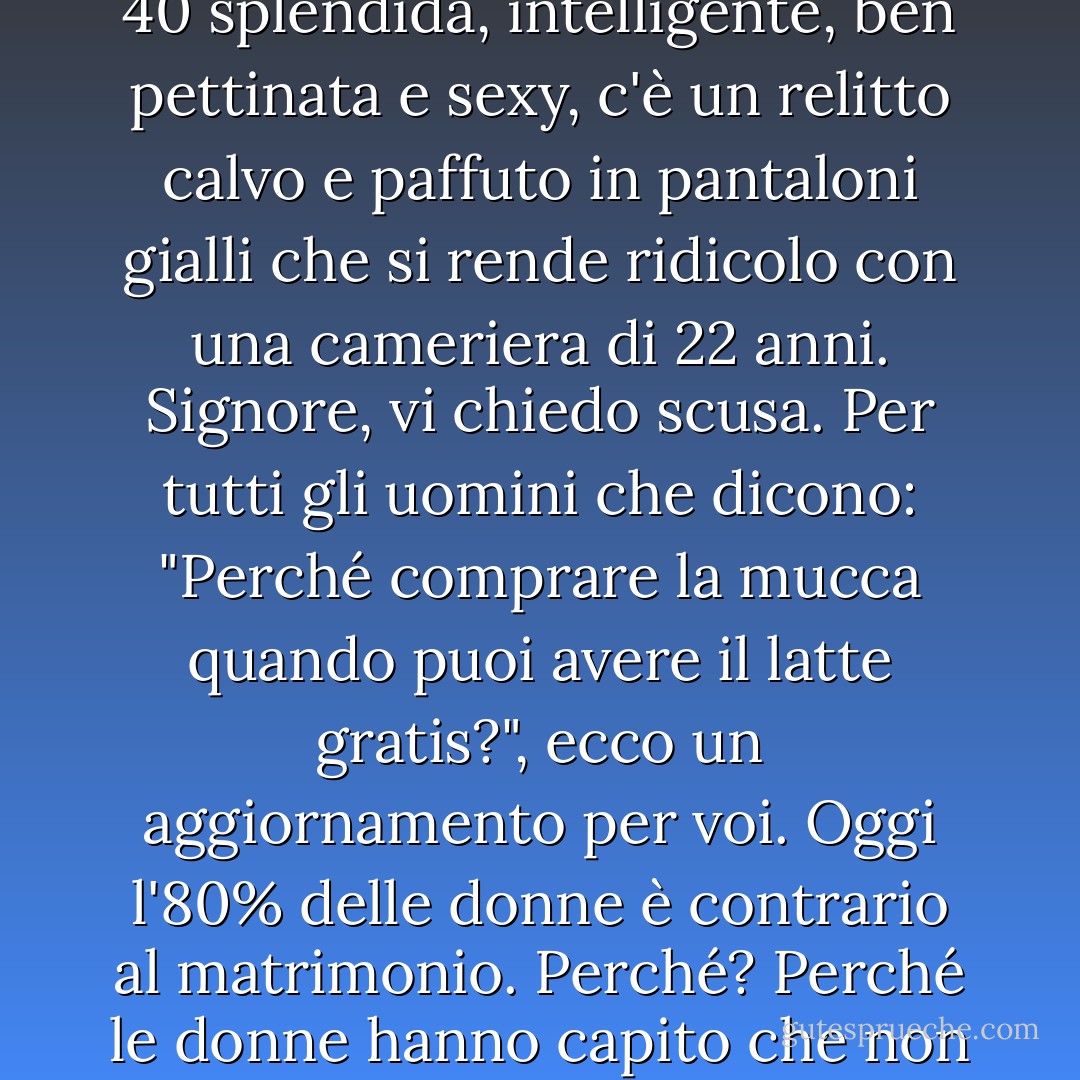 Sì, lodiamo le donne over 40 per una moltitudine di motivi. Sfortunatamente, la cosa non è reciproca. Per ogni donna over 40 splendida, intelligente, ben pettinata e sexy, c'è un relitto calvo e paffuto in pantaloni gialli che si rende ridicolo con una cameriera di 22 anni. Signore, vi chiedo scusa. Per tutti gli uomini che dicono: "Perché comprare la mucca quando puoi avere il latte gratis?", ecco un aggiornamento per voi. Oggi l'80% delle donne è contrario al matrimonio. Perché? Perché le donne hanno capito che non vale la pena comprare un intero maiale solo per avere un po' di salsiccia! - Andy Rooney