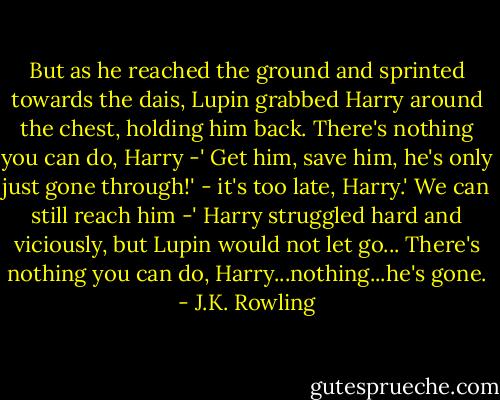 But as he reached the ground and sprinted towards the dais, Lupin grabbed Harry around the chest, holding him back.<br />There's nothing you can do, Harry -'<br />Get him, save him, he's only just gone through!'<br />- it's too late, Harry.'<br />We can still reach him -' Harry struggled hard and viciously, but Lupin would not let go...<br />There's nothing you can do, Harry...nothing...he's gone. - J.K. Rowling