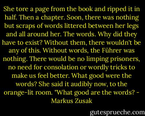 She tore a page from the book and ripped it in half.<br />Then a chapter.<br />Soon, there was nothing but scraps of words littered between her legs and all around her. The words. Why did they have to exist? Without them, there wouldn't be any of this. Without words, the Führer was nothing. There would be no limping prisoners, no need for consolation or wordly tricks to make us feel better.<br />What good were the words?<br />She said it audibly now, to the orange-lit room. "What good are the words? - Markus Zusak
