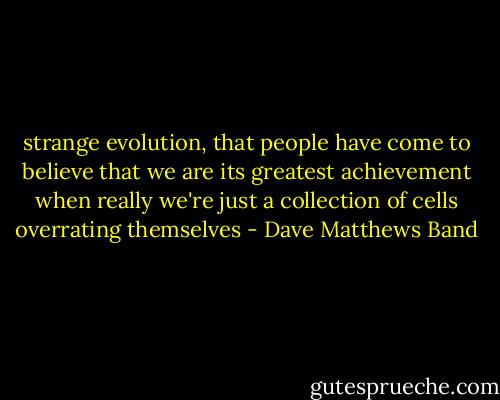 strange evolution, that people have come to believe<br />that we are its greatest achievement<br />when really we're just a collection of cells overrating themselves - Dave Matthews Band