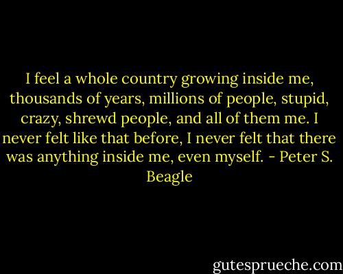 I feel a whole country growing inside me, thousands of years, millions of people, stupid, crazy, shrewd people, and all of them me. I never felt like that before, I never felt that there was anything inside me, even myself. - Peter S. Beagle