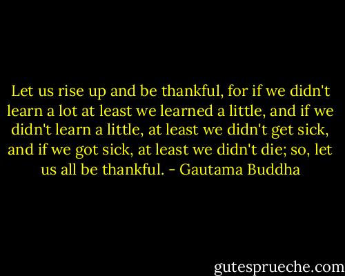 Let us rise up and be thankful, for if we didn't learn a lot at least we learned a little, and if we didn't learn a little, at least we didn't get sick, and if we got sick, at least we didn't die; so, let us all be thankful. - Gautama Buddha