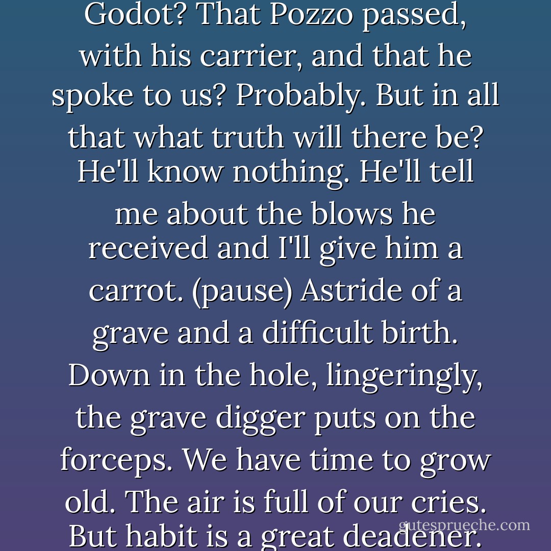 Was I sleeping, while the others suffered? Am I sleeping now? Tomorrow, when I wake, or think I do, what shall I say of today? That with Estragon my friend, at this place, until the fall of night, I waited for Godot? That Pozzo passed, with his carrier, and that he spoke to us? Probably. But in all that what truth will there be? He'll know nothing. He'll tell me about the blows he received and I'll give him a carrot. (pause) Astride of a grave and a difficult birth. Down in the hole, lingeringly, the grave digger puts on the forceps. We have time to grow old. The air is full of our cries. But habit is a great deadener. At me too someone is looking, of me too someone is saying, He is sleeping, he knows nothing, let him sleep on. (Pause.) I can't go on! (Pause.) What have I said?  - Samuel Beckett