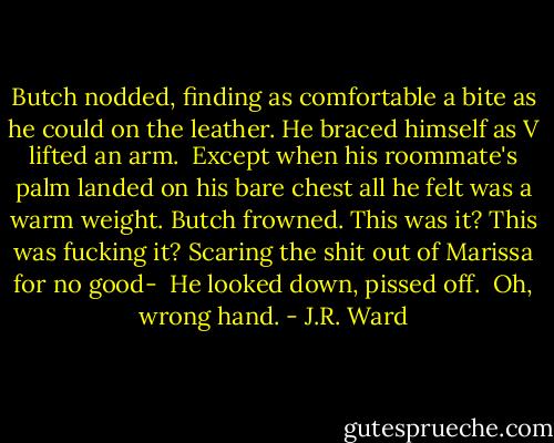 Butch nodded, finding as comfortable a bite as he could on the leather. He braced himself as V lifted an arm.<br /><br />Except when his roommate's palm landed on his bare chest all he felt was a warm weight. Butch frowned. This was it? This was fucking it? Scaring the shit out of Marissa for no good-<br /><br />He looked down, pissed off.<br /><br />Oh, wrong hand. - J.R. Ward