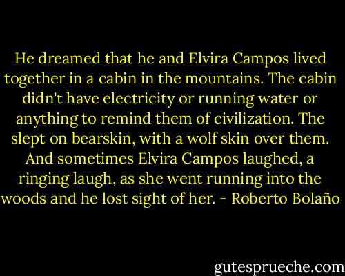He dreamed that he and Elvira Campos lived together in a cabin in the mountains. The cabin didn't have electricity or running water or anything to remind them of civilization. The slept on bearskin, with a wolf skin over them. And sometimes Elvira Campos laughed, a ringing laugh, as she went running into the woods and he lost sight of her. - Roberto Bolaño