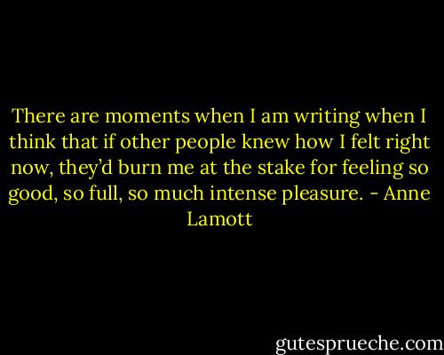 There are moments when I am writing when I think that if other people knew how I felt right now, they’d burn me at the stake for feeling so good, so full, so much intense pleasure. - Anne Lamott