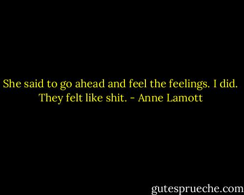 She said to go ahead and feel the feelings. I did. They felt like shit. - Anne Lamott