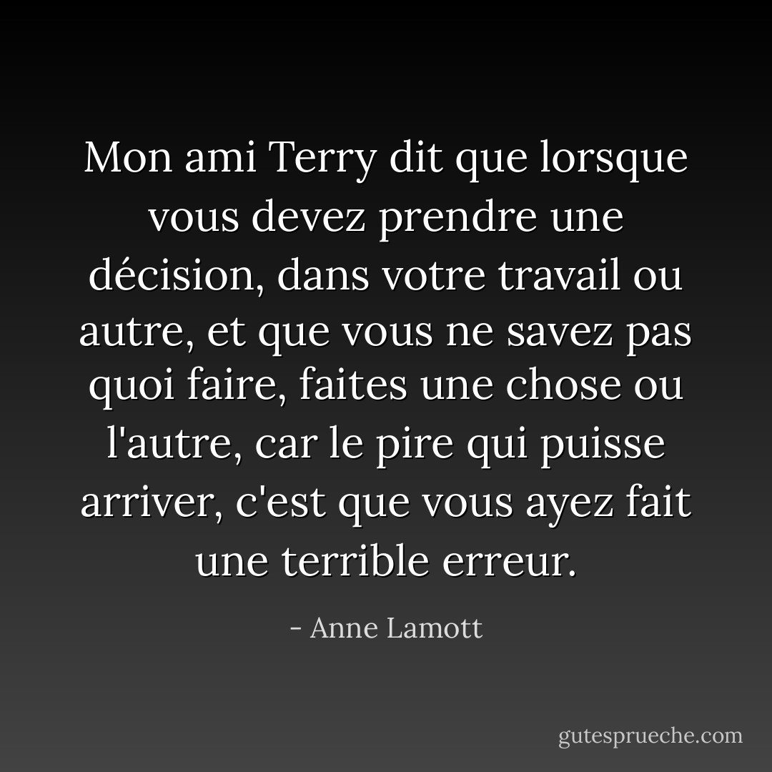 Mon ami Terry dit que lorsque vous devez prendre une décision, dans votre travail ou autre, et que vous ne savez pas quoi faire, faites une chose ou l'autre, car le pire qui puisse arriver, c'est que vous ayez fait une terrible erreur. - Anne Lamott