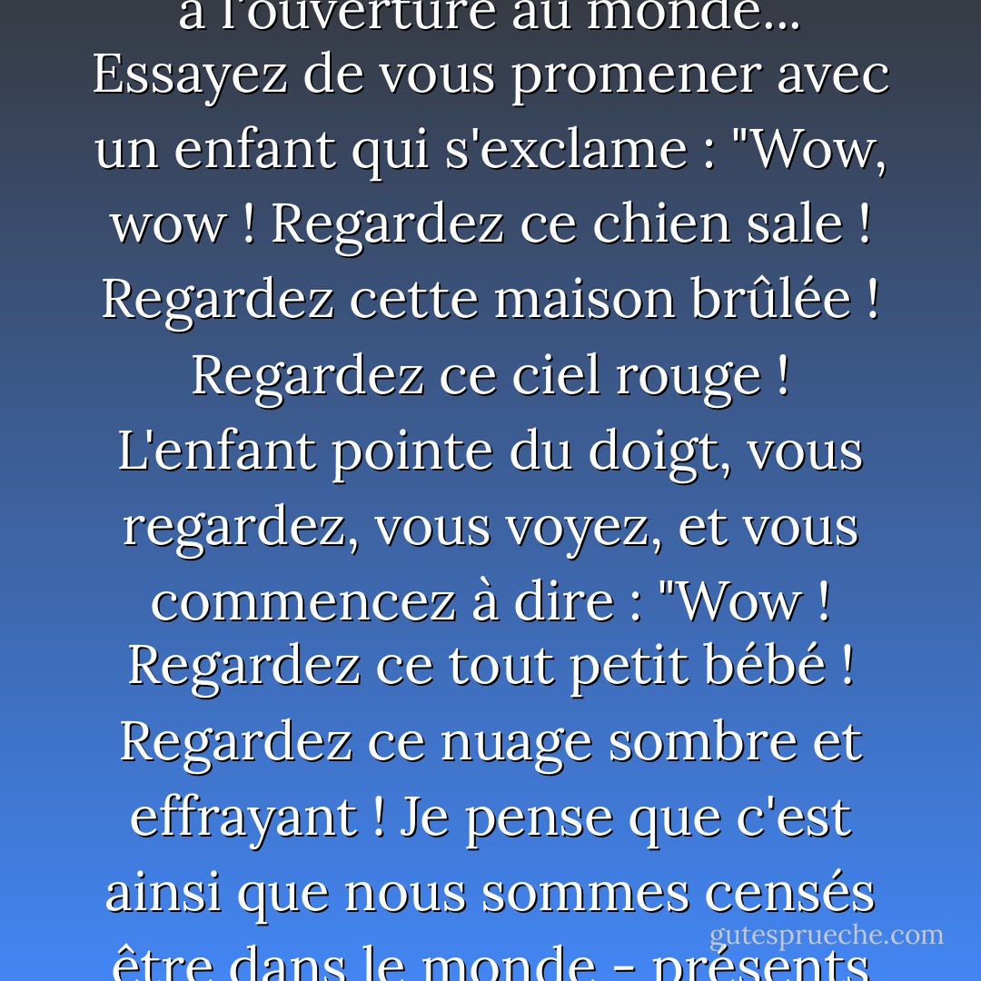 Pensons à la révérence comme à l'admiration, à la présence et à l'ouverture au monde... Essayez de vous promener avec un enfant qui s'exclame : "Wow, wow ! Regardez ce chien sale ! Regardez cette maison brûlée ! Regardez ce ciel rouge ! L'enfant pointe du doigt, vous regardez, vous voyez, et vous commencez à dire : "Wow ! Regardez ce tout petit bébé ! Regardez ce nuage sombre et effrayant ! Je pense que c'est ainsi que nous sommes censés être dans le monde - présents et émerveillés. - Anne Lamott