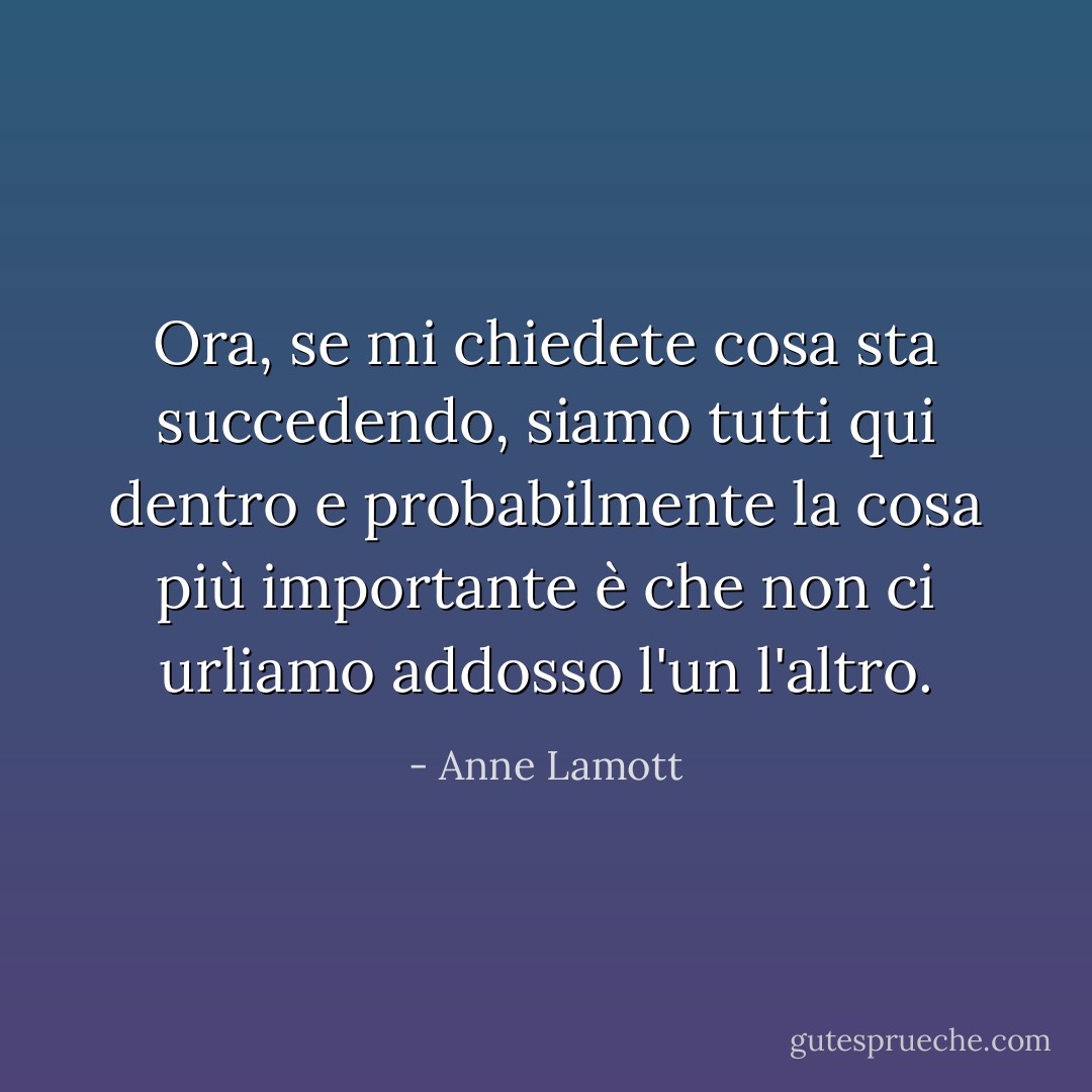 Ora, se mi chiedete cosa sta succedendo, siamo tutti qui dentro e probabilmente la cosa più importante è che non ci urliamo addosso l'un l'altro. - Anne Lamott