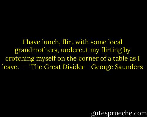 I have lunch, flirt with some local grandmothers, undercut my flirting by crotching myself on the corner of a table as I leave. -- "The Great Divider - George Saunders