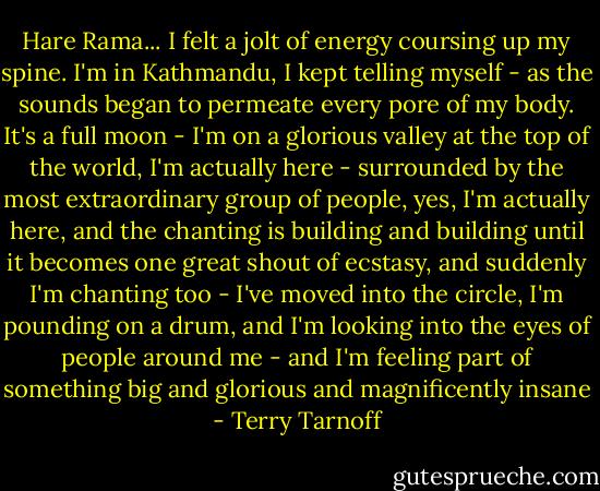 Hare Rama... I felt a jolt of energy coursing up my spine. I'm in Kathmandu, I kept telling myself - as the sounds began to permeate every pore of my body. It's a full moon - I'm on a glorious valley at the top of the world, I'm actually here - surrounded by the most extraordinary group of people, yes, I'm actually here, and the chanting is building and building until it becomes one great shout of ecstasy, and suddenly I'm chanting too - I've moved into the circle, I'm pounding on a drum, and I'm looking into the eyes of people around me - and I'm feeling part of something big and glorious and magnificently insane - Terry Tarnoff