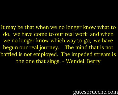 It may be that when we no longer know what to do, <br />we have come to our real work <br />and when we no longer know which way to go, <br />we have begun our real journey. <br /> <br />The mind that is not baffled is not employed. <br />The impeded stream is the one that sings. - Wendell Berry