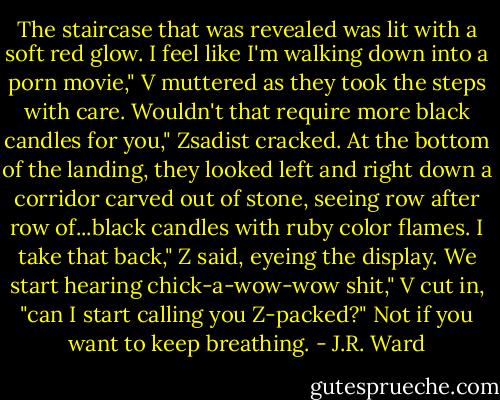 The staircase that was revealed was lit with a soft red glow.<br />I feel like I'm walking down into a porn movie," V muttered as they took the steps with care.<br />Wouldn't that require more black candles for you," Zsadist cracked.<br />At the bottom of the landing, they looked left and right down a corridor carved out of stone, seeing row after row of...black candles with ruby color flames.<br />I take that back," Z said, eyeing the display.<br />We start hearing chick-a-wow-wow shit," V cut in, "can I start calling you Z-packed?"<br />Not if you want to keep breathing. - J.R. Ward
