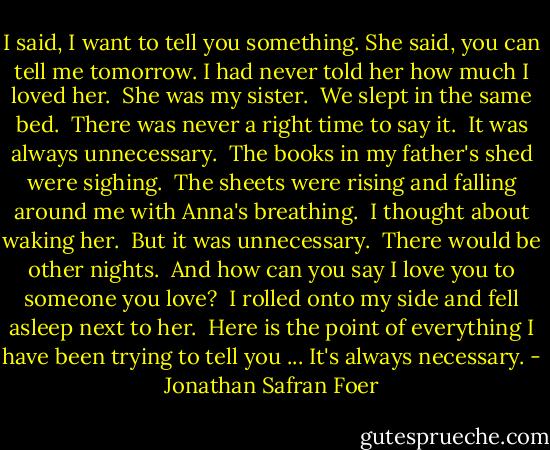 I said, I want to tell you something.<br />She said, you can tell me tomorrow.<br />I had never told her how much I loved her. <br />She was my sister. <br />We slept in the same bed. <br />There was never a right time to say it. <br />It was always unnecessary. <br />The books in my father's shed were sighing. <br />The sheets were rising and falling around me with Anna's breathing. <br />I thought about waking her. <br />But it was unnecessary. <br />There would be other nights. <br />And how can you say I love you to someone you love? <br />I rolled onto my side and fell asleep next to her. <br />Here is the point of everything I have been trying to tell you ... It's always necessary. - Jonathan Safran Foer