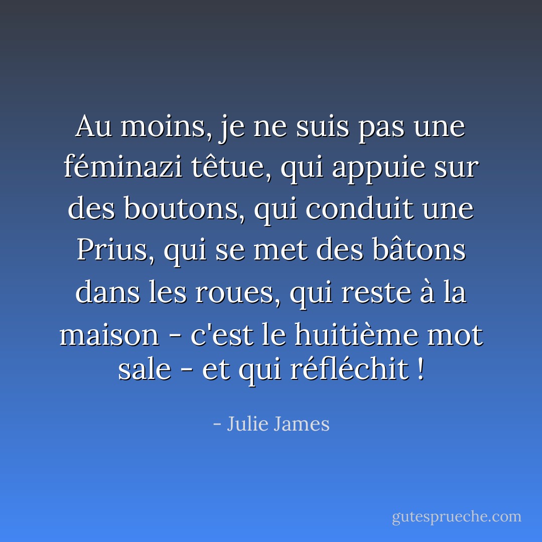 Au moins, je ne suis pas une féminazi têtue, qui appuie sur des boutons, qui conduit une Prius, qui se met des bâtons dans les roues, qui reste à la maison - c'est le huitième mot sale - et qui réfléchit ! - Julie James