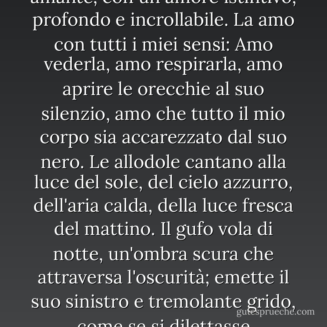 Amo la notte appassionatamente. La amo come amo il mio paese o la mia amante, con un amore istintivo, profondo e incrollabile. La amo con tutti i miei sensi: Amo vederla, amo respirarla, amo aprire le orecchie al suo silenzio, amo che tutto il mio corpo sia accarezzato dal suo nero. Le allodole cantano alla luce del sole, del cielo azzurro, dell'aria calda, della luce fresca del mattino. Il gufo vola di notte, un'ombra scura che attraversa l'oscurità; emette il suo sinistro e tremolante grido, come se si dilettasse nell'inebriante immensità nera dello spazio. - Guy de Maupassant