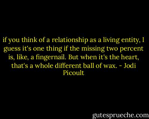if you think of a relationship as a living entity, I guess it's one thing if the missing two percent is, like, a fingernail. But when it's the heart, that's a whole different ball of wax. - Jodi Picoult