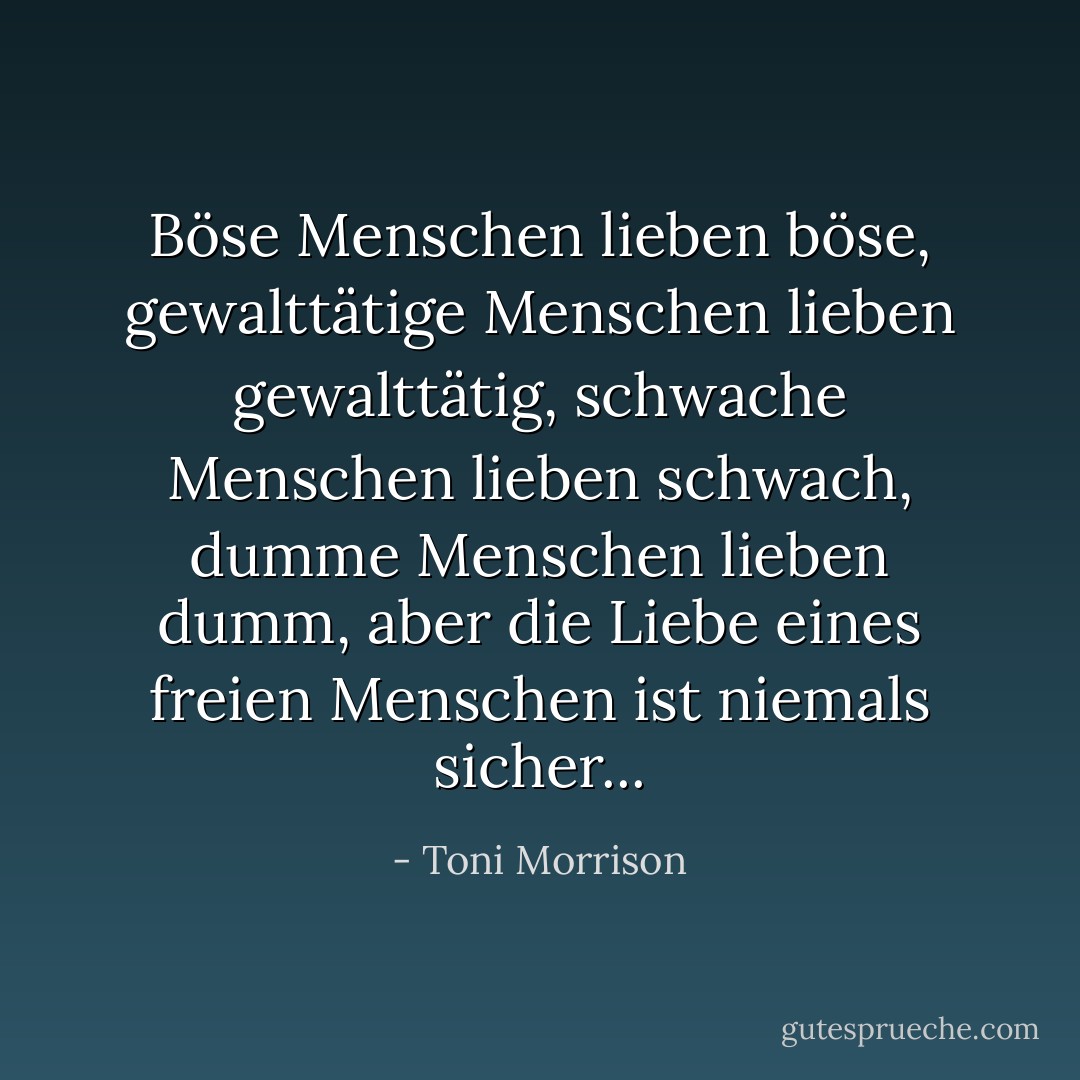 Böse Menschen lieben böse, gewalttätige Menschen lieben gewalttätig, schwache Menschen lieben schwach, dumme Menschen lieben dumm, aber die Liebe eines freien Menschen ist niemals sicher... - Toni Morrison<
