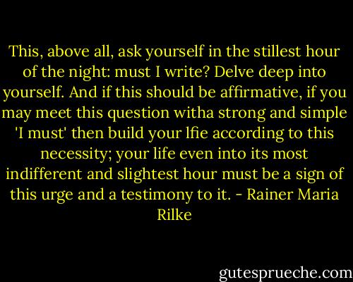 This, above all, ask yourself in the stillest hour of the night: must I write? Delve deep into yourself. And if this should be affirmative, if you may meet this question witha strong and simple 'I must' then build your lfie according to this necessity; your life even into its most indifferent and slightest hour must be a sign of this urge and a testimony to it. - Rainer Maria Rilke