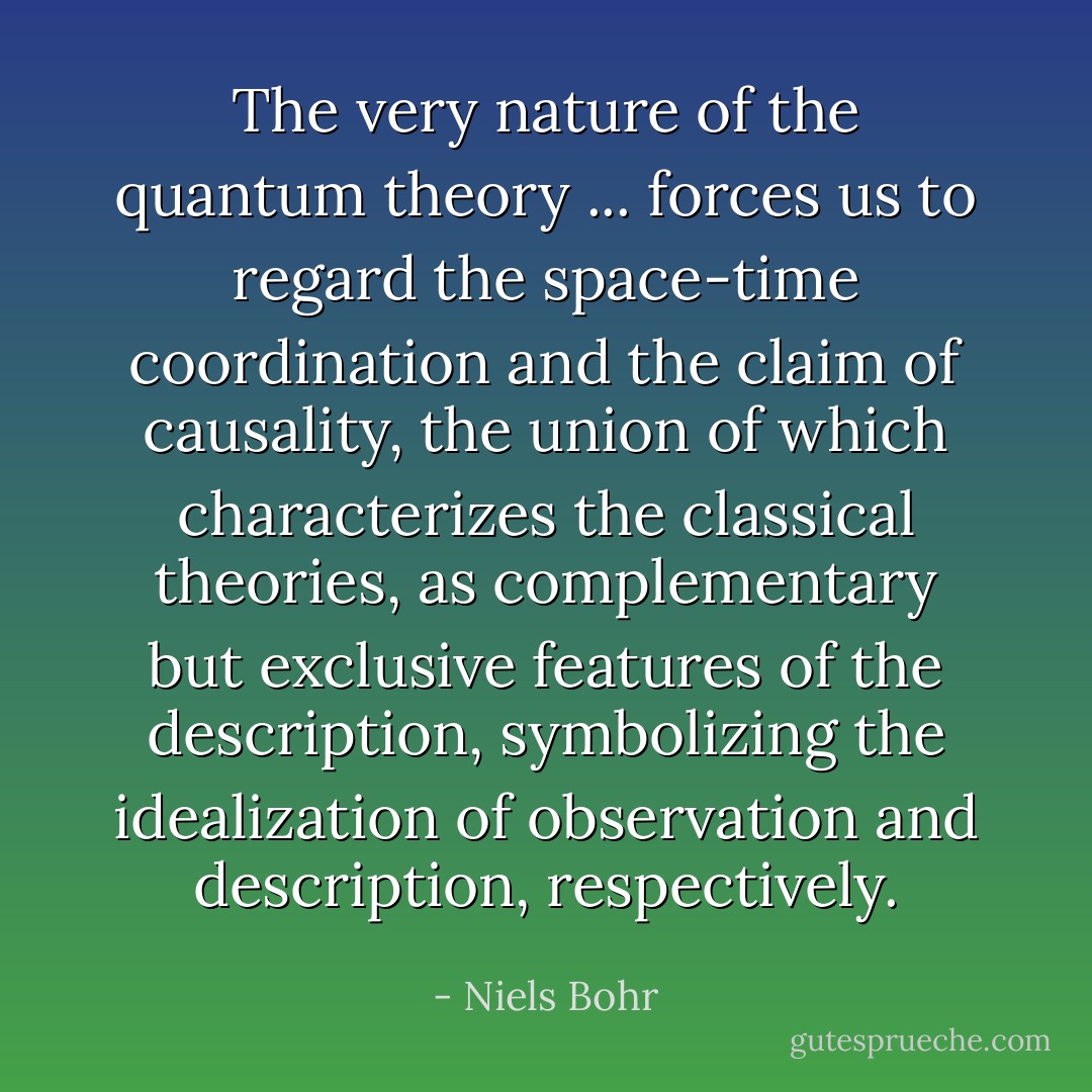 The very nature of the quantum theory ... forces us to regard the space-time coordination and the claim of causality, the union of which characterizes the classical theories, as complementary but exclusive features of the description, symbolizing the idealization of observation and description, respectively. - Niels Bohr