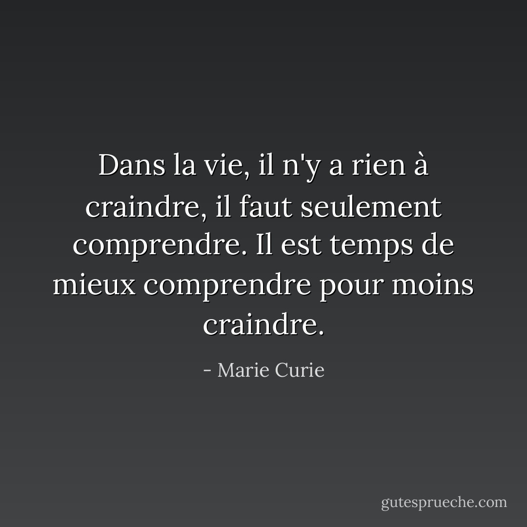 Dans la vie, il n'y a rien à craindre, il faut seulement comprendre. Il est temps de mieux comprendre pour moins craindre. - Marie Curie