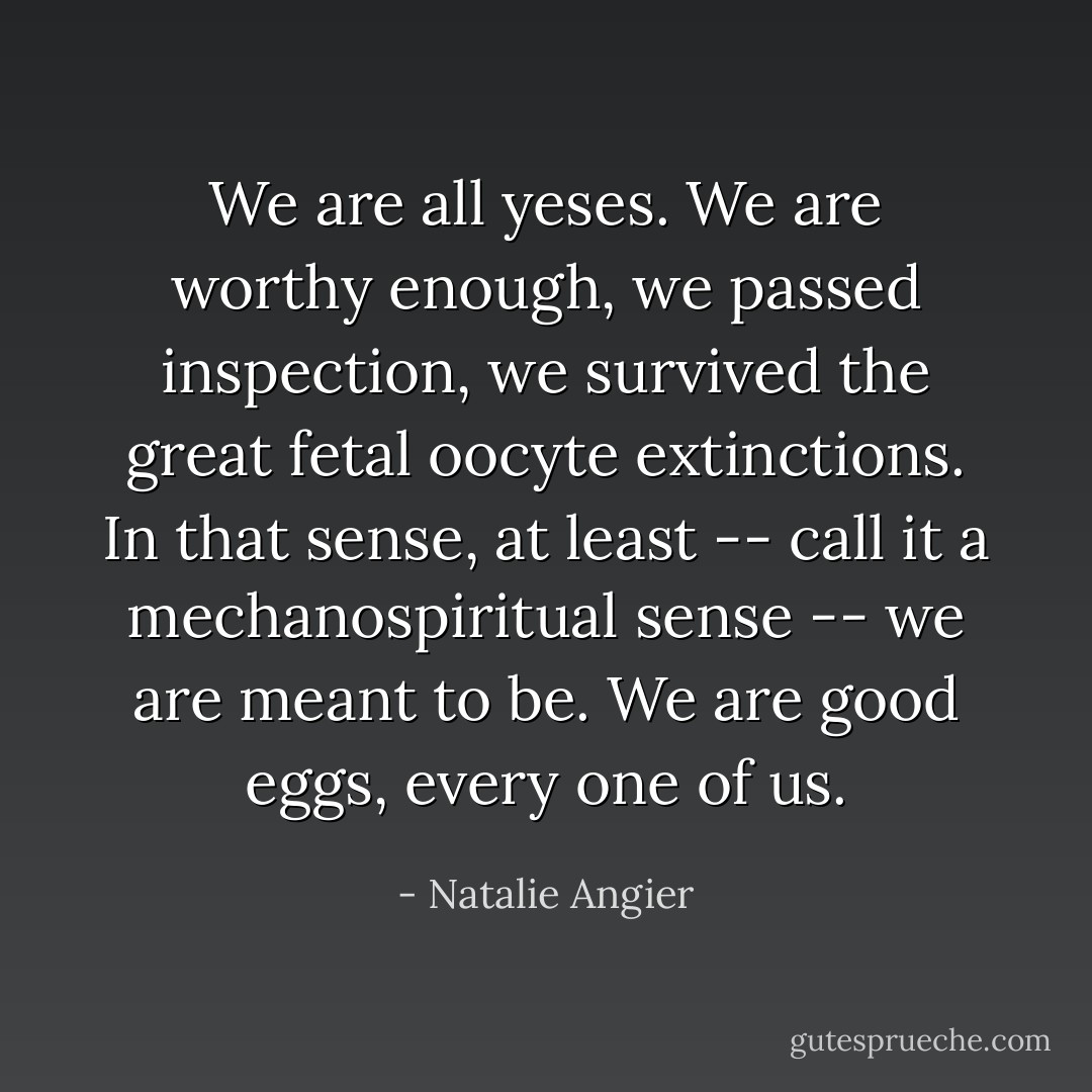 We are all yeses. We are worthy enough, we passed inspection, we survived the great fetal oocyte extinctions. In that sense, at least -- call it a mechanospiritual sense -- we are meant to be. We are good eggs, every one of us. - Natalie Angier