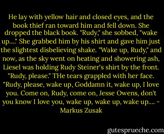He lay with yellow hair and closed eyes, and the book thief ran toward him and fell down. She dropped the black book. "Rudy," she sobbed, "wake up...." She grabbed him by his shirt and gave him just the slightest disbelieving shake. "Wake up, Rudy," and now, as the sky went on heating and showering ash, Liesel was holding Rudy Steiner's shirt by the front. "Rudy, please." THe tears grappled with her face. "Rudy, please, wake up, Goddamn it, wake up, I love you. Come on, Rudy, come on, Jesse Owens, don't you know I love you, wake up, wake up, wake up.... - Markus Zusak