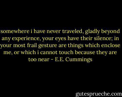 somewhere i have never traveled, gladly beyond any experience, your eyes have their silence; in your most frail gesture are things which enclose me, or which i cannot touch because they are too near - E.E. Cummings