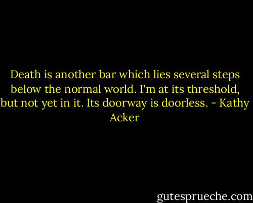 Death is another bar which lies several steps below the normal world. I'm at its threshold, but not yet in it. Its doorway is doorless. - Kathy Acker
