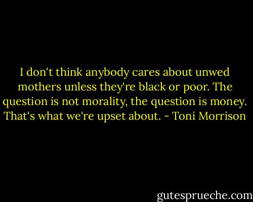 I don't think anybody cares about unwed mothers unless they're black or poor. The question is not morality, the question is money. That's what we're upset about. - Toni Morrison