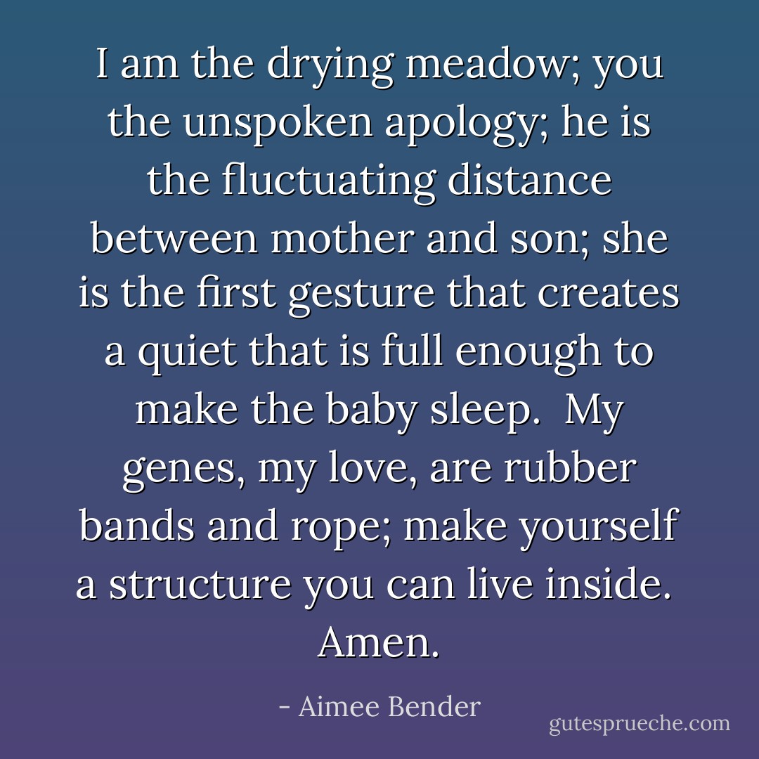 I am the drying meadow; you the unspoken apology; he is the fluctuating distance between mother and son; she is the first gesture that creates a quiet that is full enough to make the baby sleep.<br /><br />My genes, my love, are rubber bands and rope; make yourself a structure you can live inside.<br /><br />Amen. - Aimee Bender