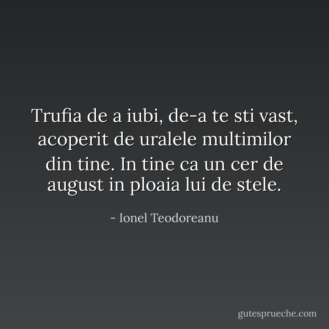 Trufia de a iubi, de-a te sti vast, acoperit de uralele multimilor din tine. In tine ca un cer de august in ploaia lui de stele. - Ionel Teodoreanu