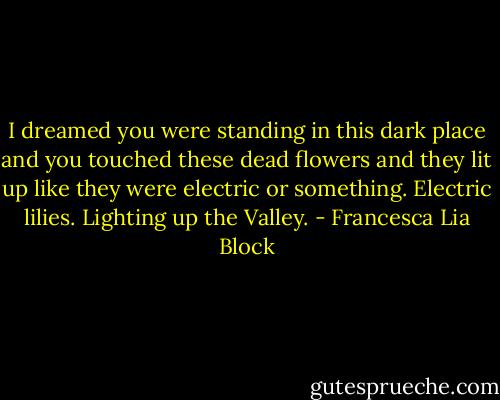 I dreamed you were standing in this dark place and you touched these dead flowers and they lit up like they were electric or something. Electric lilies. Lighting up the Valley. - Francesca Lia Block
