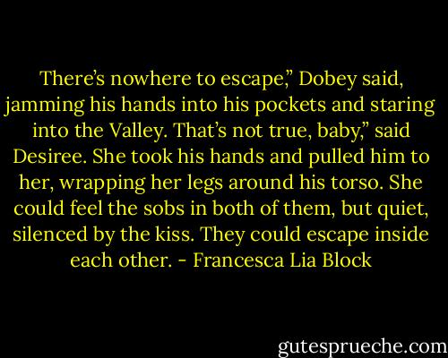 There’s nowhere to escape,” Dobey said, jamming his hands into his pockets and staring into the Valley.<br />That’s not true, baby,” said Desiree.<br />She took his hands and pulled him to her, wrapping her legs around his torso. She could feel the sobs in both of them, but quiet, silenced by the kiss.<br />They could escape inside each other. - Francesca Lia Block