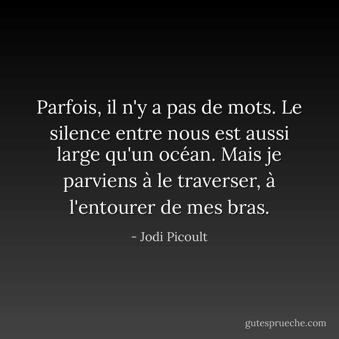 Parfois, il n'y a pas de mots. Le silence entre nous est aussi large qu'un océan. Mais je parviens à le traverser, à l'entourer de mes bras. - Jodi Picoult