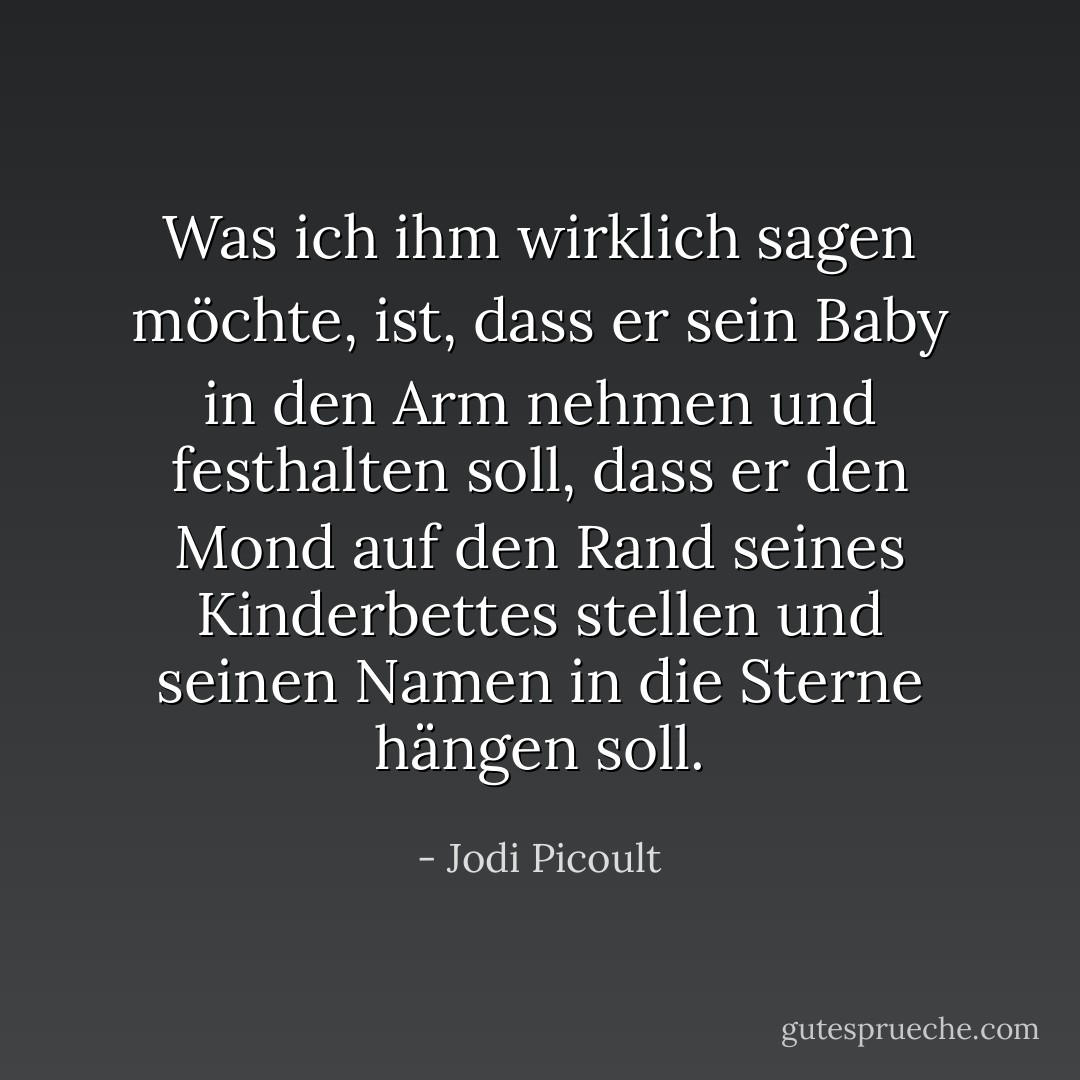 Was ich ihm wirklich sagen möchte, ist, dass er sein Baby in den Arm nehmen und festhalten soll, dass er den Mond auf den Rand seines Kinderbettes stellen und seinen Namen in die Sterne hängen soll. - Jodi Picoult<