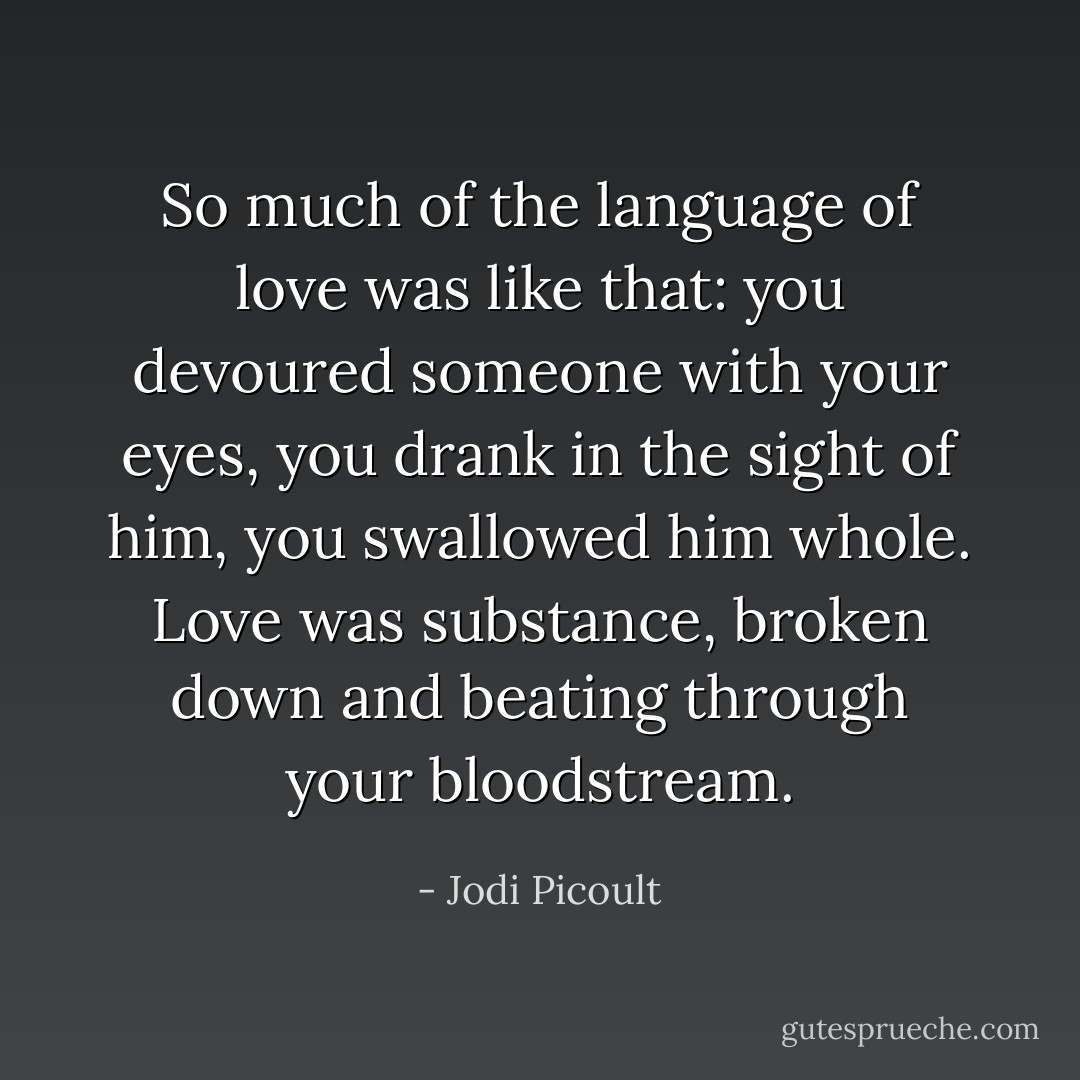 So much of the language of love was like that: you devoured someone with your eyes, you drank in the sight of him, you swallowed him whole. Love was substance, broken down and beating through your bloodstream. - Jodi Picoult