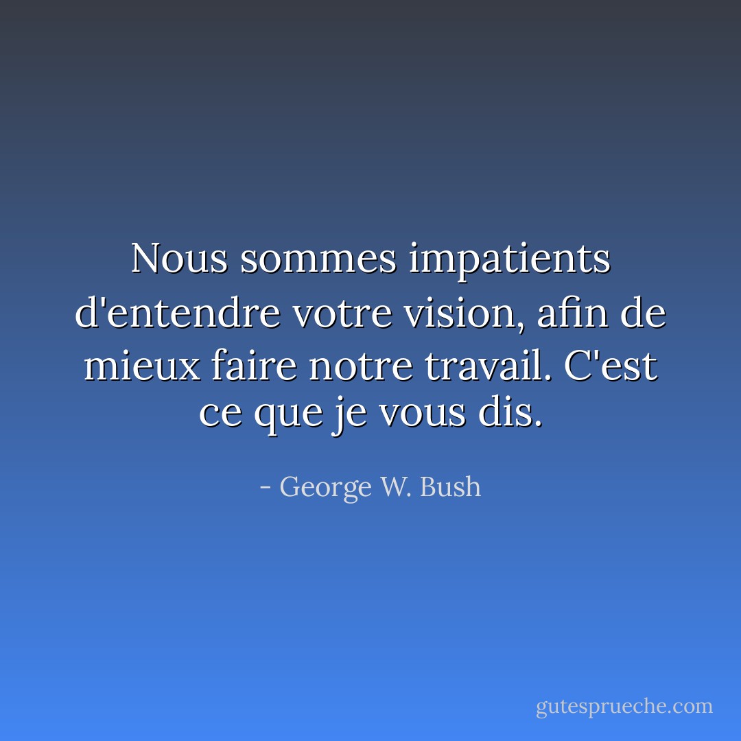 Nous sommes impatients d'entendre votre vision, afin de mieux faire notre travail. C'est ce que je vous dis. - George W. Bush
