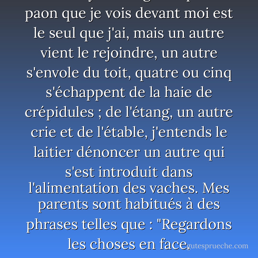 J'ai essayé d'imaginer que le paon que je vois devant moi est le seul que j'ai, mais un autre vient le rejoindre, un autre s'envole du toit, quatre ou cinq s'échappent de la haie de crépidules ; de l'étang, un autre crie et de l'étable, j'entends le laitier dénoncer un autre qui s'est introduit dans l'alimentation des vaches. Mes parents sont habitués à des phrases telles que : "Regardons les choses en face. - Flannery O'Connor