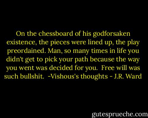 On the chessboard of his godforsaken existence, the pieces were lined up, the play preordained. Man, so many times in life you didn't get to pick your path because the way you went was decided for you.<br /><br />Free will was such bullshit.<br /><br />-Vishous's thoughts - J.R. Ward