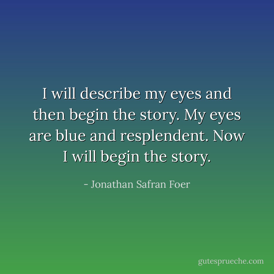 I will describe my eyes and then begin the story. My eyes are blue and resplendent. Now I will begin the story. - Jonathan Safran Foer