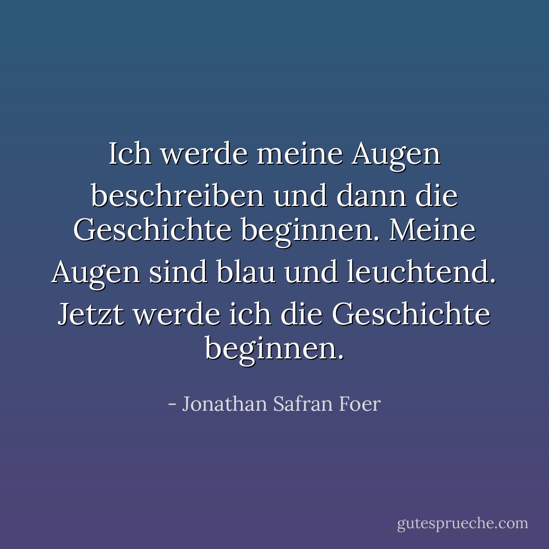 Ich werde meine Augen beschreiben und dann die Geschichte beginnen. Meine Augen sind blau und leuchtend. Jetzt werde ich die Geschichte beginnen. - Jonathan Safran Foer<