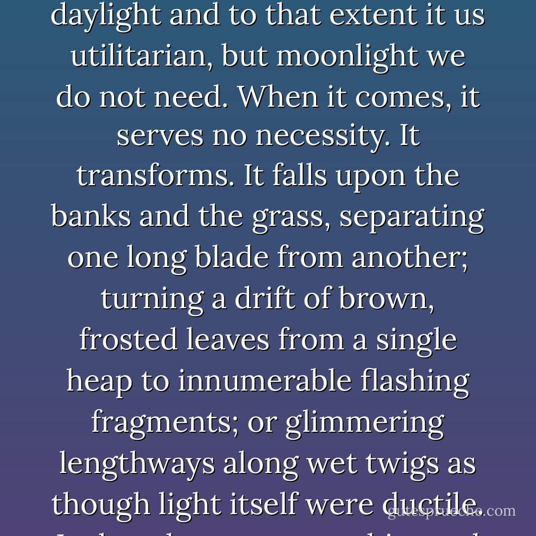 The full moon, well risen in a cloudless eastern sky, covered the high solitude with its light. We are not conscious of daylight as that which displaces darkness. Daylight, even when the sun is clear of clouds, seems to us simply the natural condition of the earth and air. When we think of the downs, we think of the downs in daylight, as with think of a rabbit with its fur on. Stubbs may have envisaged the skeleton inside the horse, but most of us do not: and we do not usually envisage the downs without daylight, even though the light is not a part of the down itself as the hide is part of the horse itself. We take daylight for granted. But moonlight is another matter. It is inconstant. The full moon wanes and returns again. Clouds may obscure it to an extent to which they cannot obscure daylight. Water is necessary to us, but a waterfall is not. Where it is to be found it is something extra, a beautiful ornament. We need daylight and to that extent it us utilitarian, but moonlight we do not need. When it comes, it serves no necessity. It transforms. It falls upon the banks and the grass, separating one long blade from another; turning a drift of brown, frosted leaves from a single heap to innumerable flashing fragments; or glimmering lengthways along wet twigs as though light itself were ductile. Its long beams pour, white and sharp, between the trunks of trees, their clarity fading as they recede into the powdery, misty distance of beech woods at night. In moonlight, two acres of coarse bent grass, undulant and ankle deep, tumbled and rough as a horse's mane, appear like a bay of waves, all shadowy troughs and hollows. The growth is so thick and matted that event the wind does not move it, but it is the moonlight that seems to confer stillness upon it. We do not take moonlight for granted. It is like snow, or like the dew on a July morning. It does not reveal but changes what it covers. And its low intensity---so much lower than that of daylight---makes us conscious that it is something added to the down, to give it, for only a little time, a singular and marvelous quality that we should admire while we can, for soon it will be gone again. - Richard  Adams