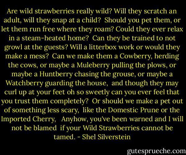 Are wild strawberries really wild?<br />Will they scratch an adult, will they snap at a child?<br /><br />Should you pet them, or let them run free where they roam?<br />Could they ever relax in a steam-heated home?<br /><br />Can they be trained to not growl at the guests?<br />Will a litterbox work or would they make a mess?<br /><br />Can we make them a Cowberry, herding the cows,<br />or maybe a Muleberry pulling the plows,<br />or maybe a Huntberry chasing the grouse,<br />or maybe a Watchberry guarding the house,<br /><br />and though they may curl up at your feet oh so sweetly<br />can you ever feel that you trust them completely?<br /><br />Or should we make a pet out of something less scary, <br />like the Domestic Prune or the Imported Cherry, <br /><br />Anyhow, you've been warned and I will not be blamed <br />if your Wild Strawberries cannot be tamed. - Shel Silverstein